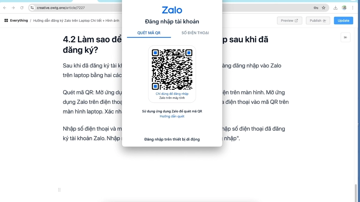 Giao diện tính năng quét mã QR để đăng nhập Zalo trên máy tính
