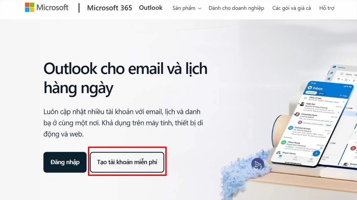 Giao diện trang chủ đăng ký tài khoản của Microsoft