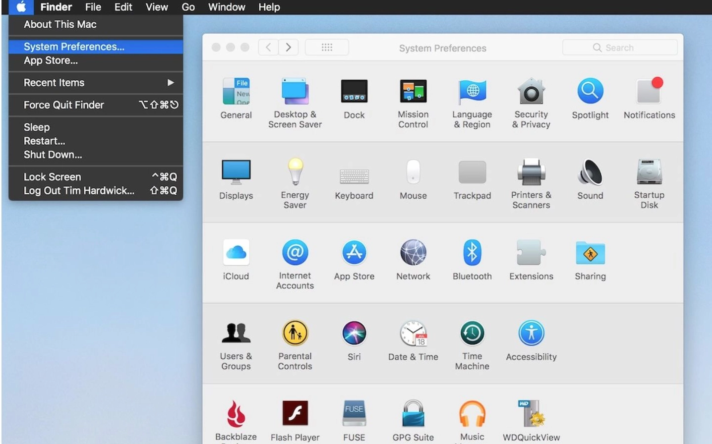 Giao diện trang System Preferences