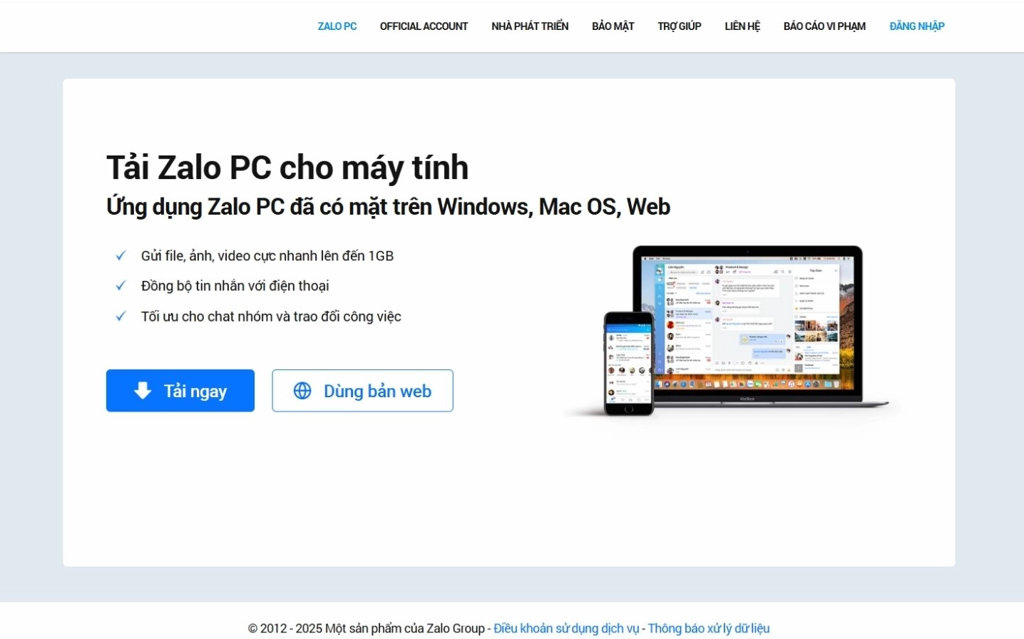 Giao diện trang web hiển thị nút tải Zalo PC dành cho người dùng máy tính