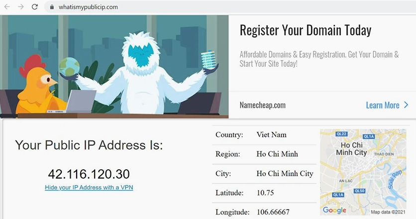 Giao diện trang web WhatIsMyPublicIP.com