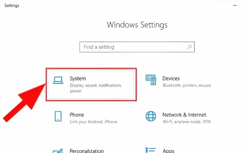 Giao diện truy cập vào mục System trong ứng dụng Settings của Windows