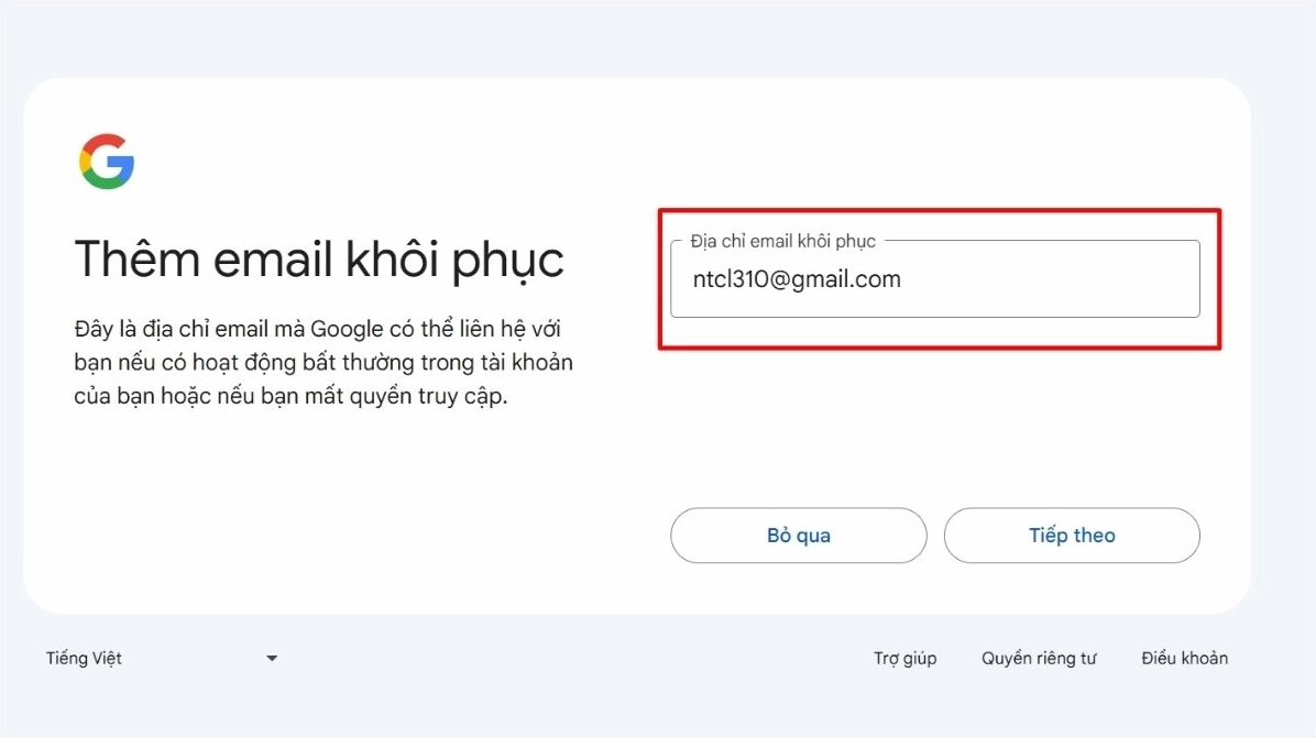 Giao diện tùy chọn nhập email khôi phục ngày sinh và giới tính