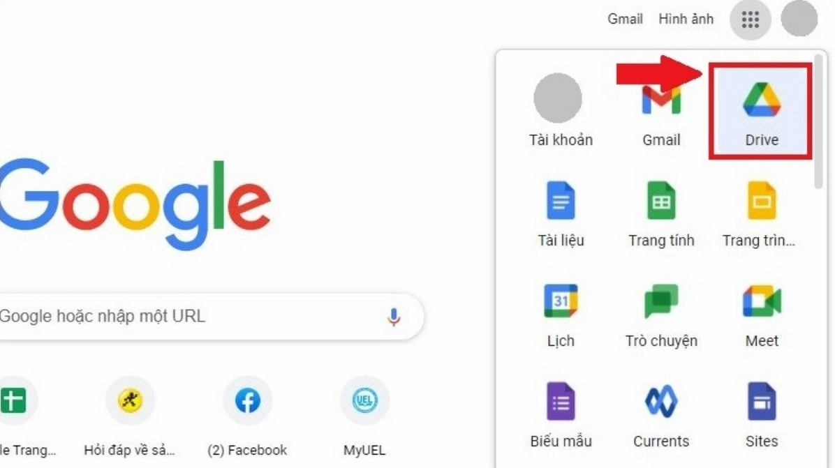 Giao diện ứng dụng Google Drive đang mở trên trình duyệt web của máy tính