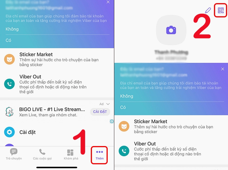 Giao diện ứng dụng Viber trên điện thoại chỉ dẫn vào mục Thêm để tìm công cụ quét QR