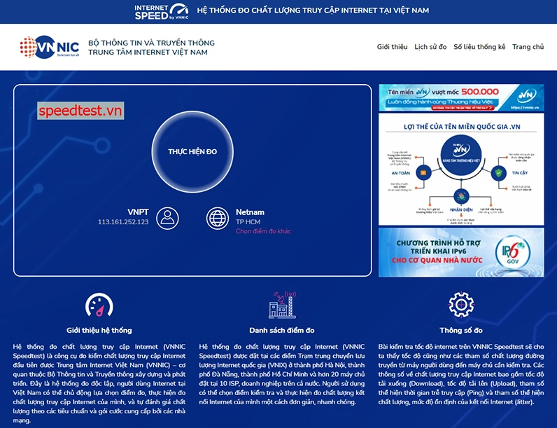Hướng dẫn chi tiết cách kiểm tra tốc độ mạng trên laptop chuẩn xác nhất 2026 18 Giao diện website Internet Speedtest by VNNIC