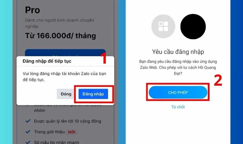 Giao diện xác nhận thanh toán gói dịch vụ Zalo qua các phương thức điện tử