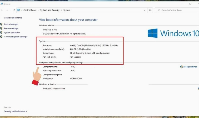 Giao diện xem thuộc tính hệ thống cơ bản trên Windows