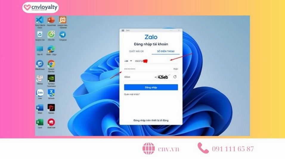 Giao diện yêu cầu nhập số điện thoại và mật khẩu tài khoản Zalo cá nhân vào ô trống