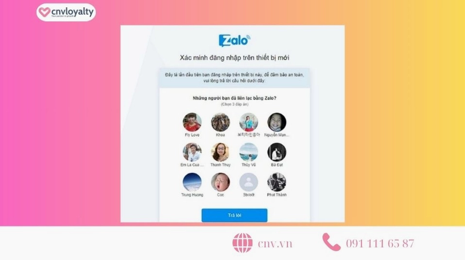 Giao diện yêu cầu xác minh tài khoản chính chủ bằng cách chọn ảnh bạn bè trên Zalo PC