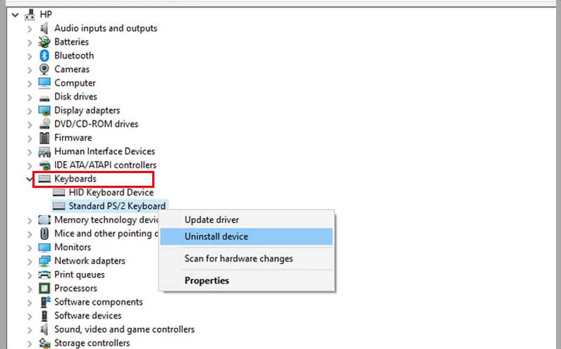 Gỡ cài đặt driver bàn phím