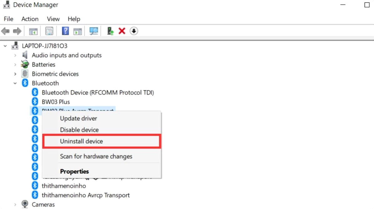 Hướng dẫn chi tiết cách bật bluetooth trên laptop dell inspiron nhanh chóng nhất 28 Gỡ cài đặt driver Bluetooth trong Device Manager sau đó khởi động lại laptop