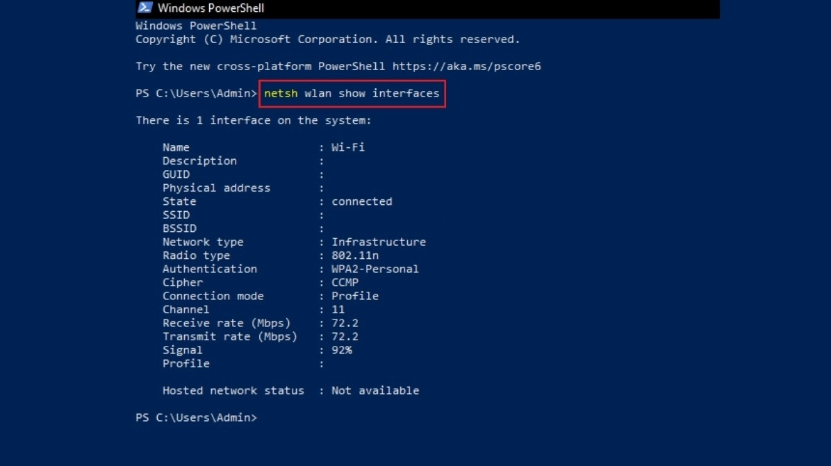 Hướng dẫn chi tiết cách kiểm tra tốc độ mạng trên laptop chuẩn xác nhất 2026 14 Gõ lệnh netsh wlan show interfaces và nhấn Enter