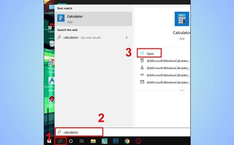 Gõ từ khóa calculator hoặc máy tính vào ô tìm kiếm trên thanh Taskbar của Windows