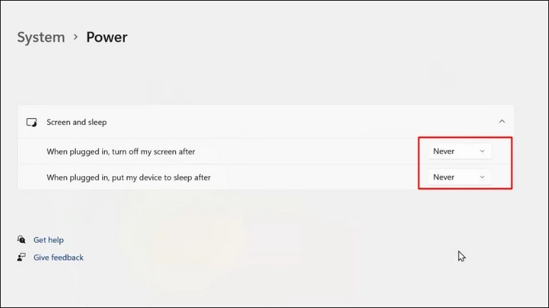 Hướng dẫn chi tiết cách để màn hình laptop không tắt hiệu quả năm 2026 4 Hành động chọn Never trong các ô thiết lập thời gian tắt màn hình và chế độ ngủ