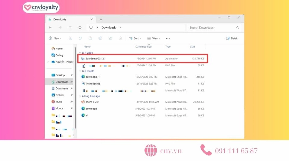 Hiển thị giao diện thư mục chứa file cài đặt phần mềm zalo máy tính với đuôi exe