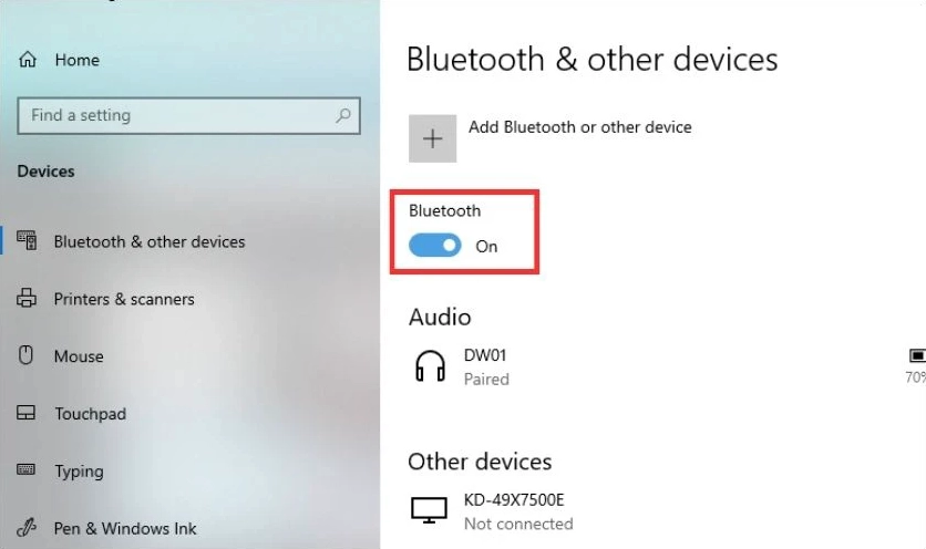 Hình ảnh gạt thanh Bluetooth để bật trên máy tính