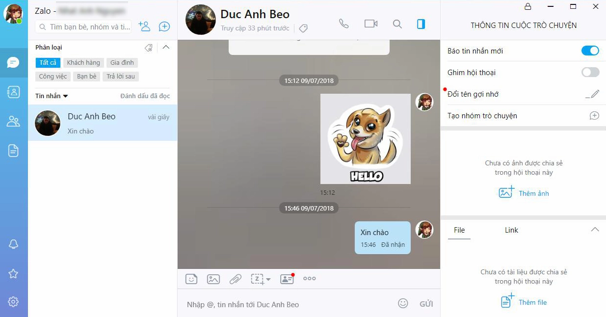Hình ảnh giao diện chính của phần mềm Zalo sau khi người dùng đăng nhập thành công trên máy tính