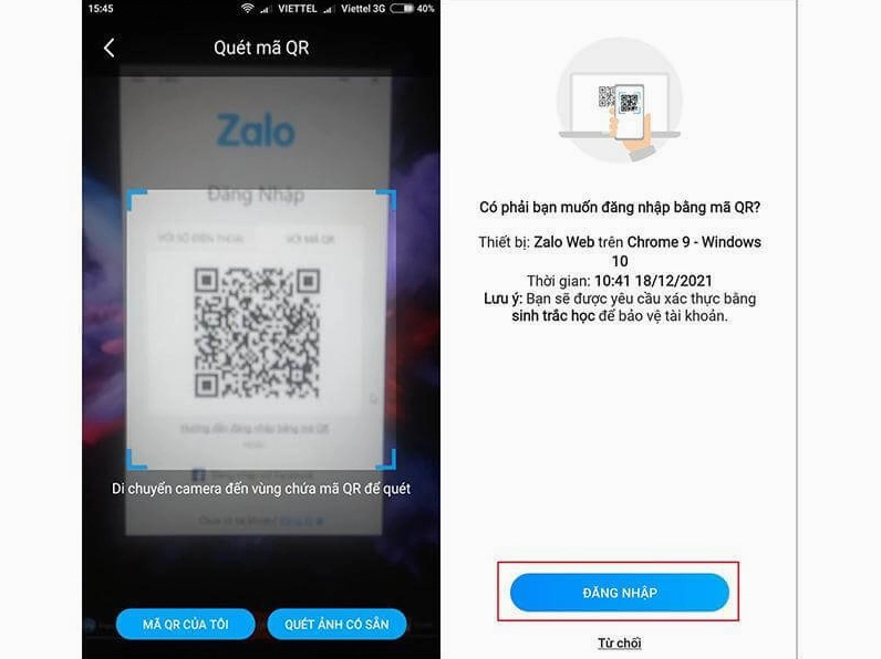 Hình ảnh minh họa bước 3 nhấn xác nhận đăng nhập Zalo bằng mã QR trên màn hình điện thoại