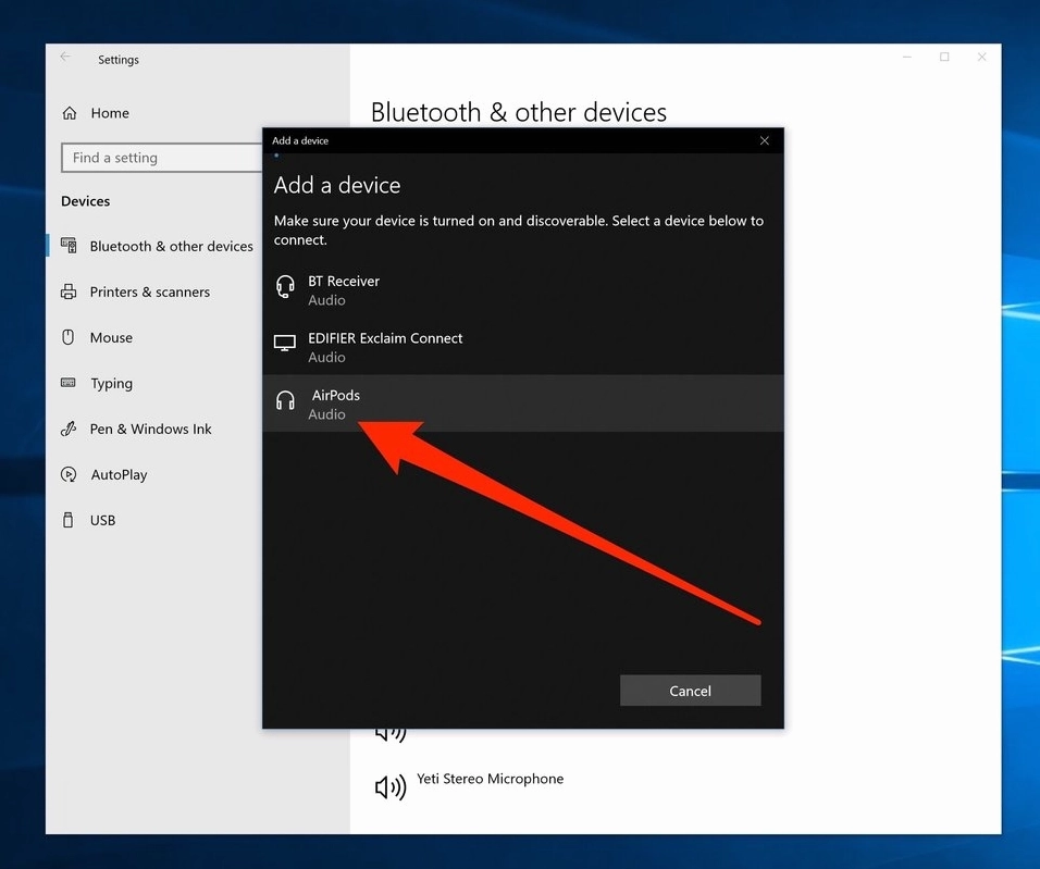 Hình ảnh minh họa tên AirPods hiển thị trong danh sách các thiết bị có sẵn để tiến hành ghép nối