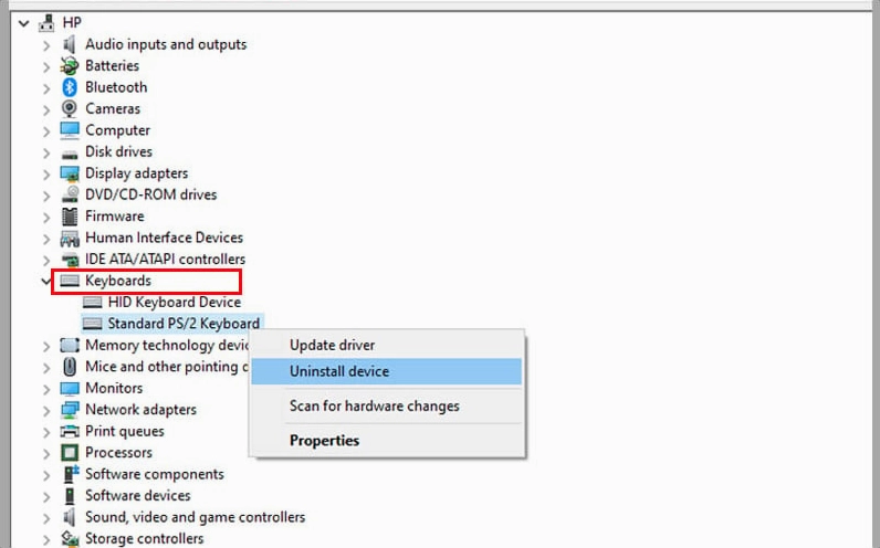 Hướng dẫn chi tiết cách khóa bàn phím laptop nhanh chóng và đơn giản 3 Hình ảnh minh họa thao tác chọn Uninstall device để gỡ cài đặt bàn phím