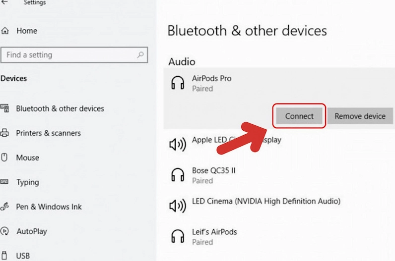 Hình ảnh minh họa thao tác nhấn Connect để kết nối tai nghe Airpod với hệ thống PC