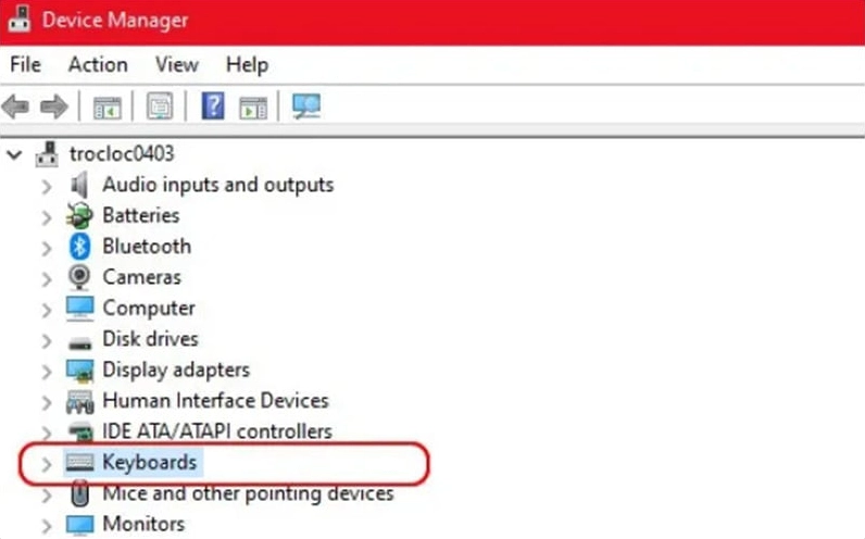 Hướng dẫn chi tiết cách khóa bàn phím laptop nhanh chóng và đơn giản 2 Hình ảnh minh họa thao tác tìm đến mục Keyboards trong cửa sổ Device Manager