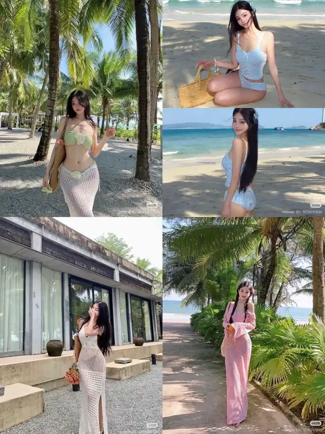 Bộ sưu tập ảnh gái xinh dáng đẹp mặc bikini quyến rũ mê hồn 12 Hình ảnh tổng hợp bốn bức ảnh một cô gái tạo dáng trong các bộ bikini và trang phục đi biển khác nhau bao gồm bikini chấm bi xanh và váy lưới trắng