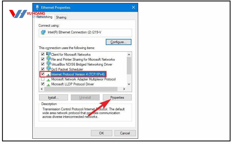 Hộp thoại cấu hình Ethernet Properties trên Windows