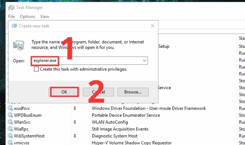 Hộp thoại Create new task với lệnh explorer.exe được nhập vào ô Open