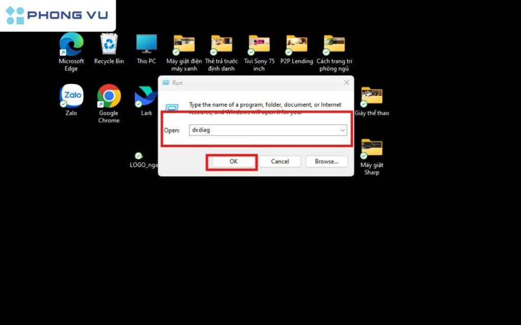 Hộp thoại Run mở ra với dòng lệnh dxdiag được nhập sẵn