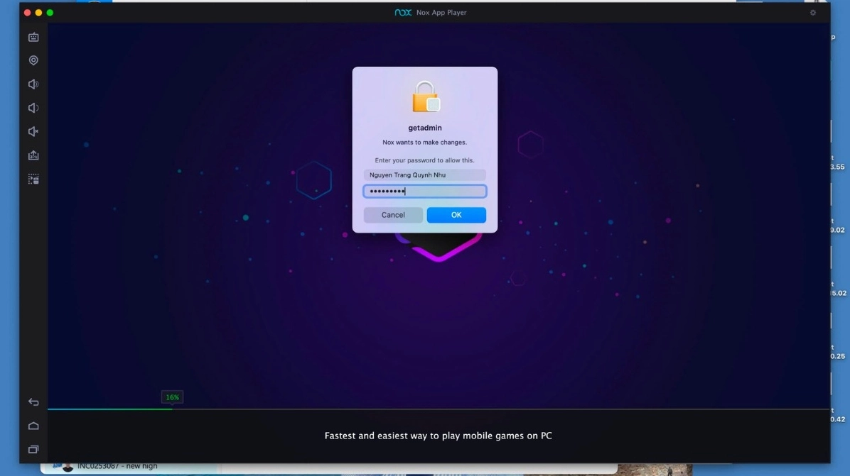 Hộp thoại yêu cầu nhập mật khẩu máy tính để cấp quyền cài đặt phần mềm