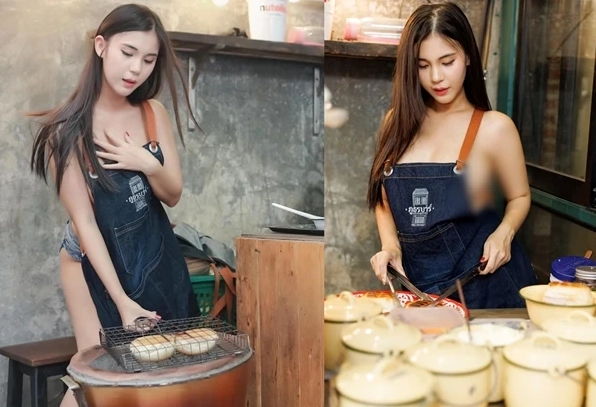 Hot girl mặc trang phục hớ hênh khi đứng bán bánh khiến người xem không khỏi đỏ mặt