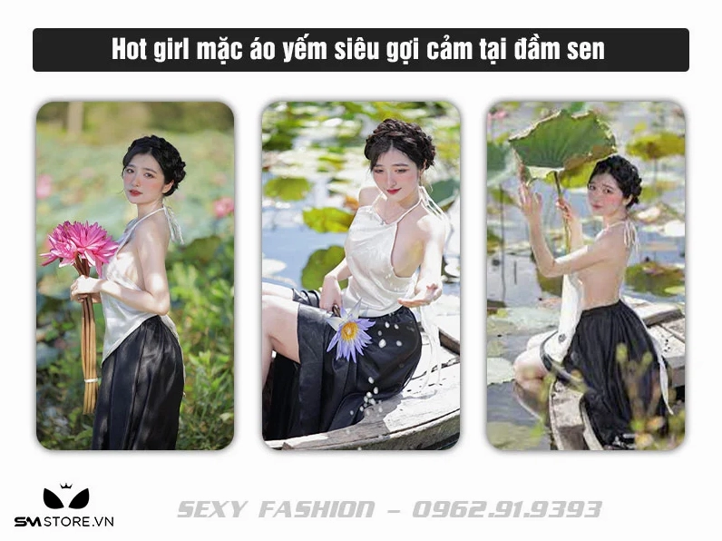 Hot girl tự tin khoe dáng ngọc ngà với áo yếm siêu gợi cảm tại đầm sen