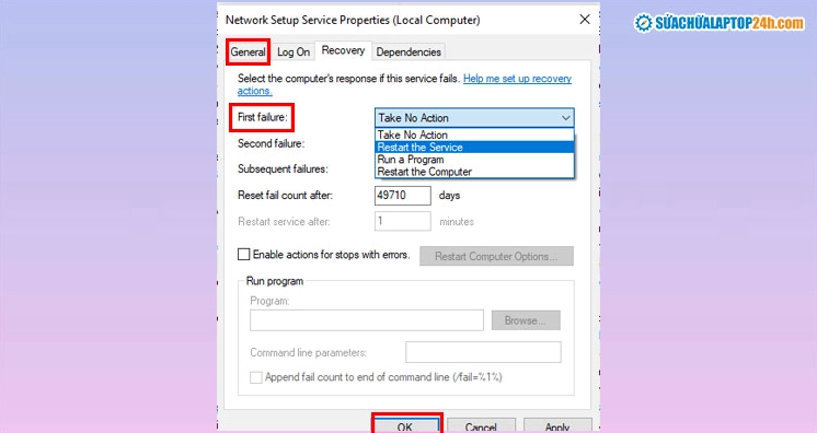 Hướng dẫn thiết lập tại tab Recovery như hình minh họa
