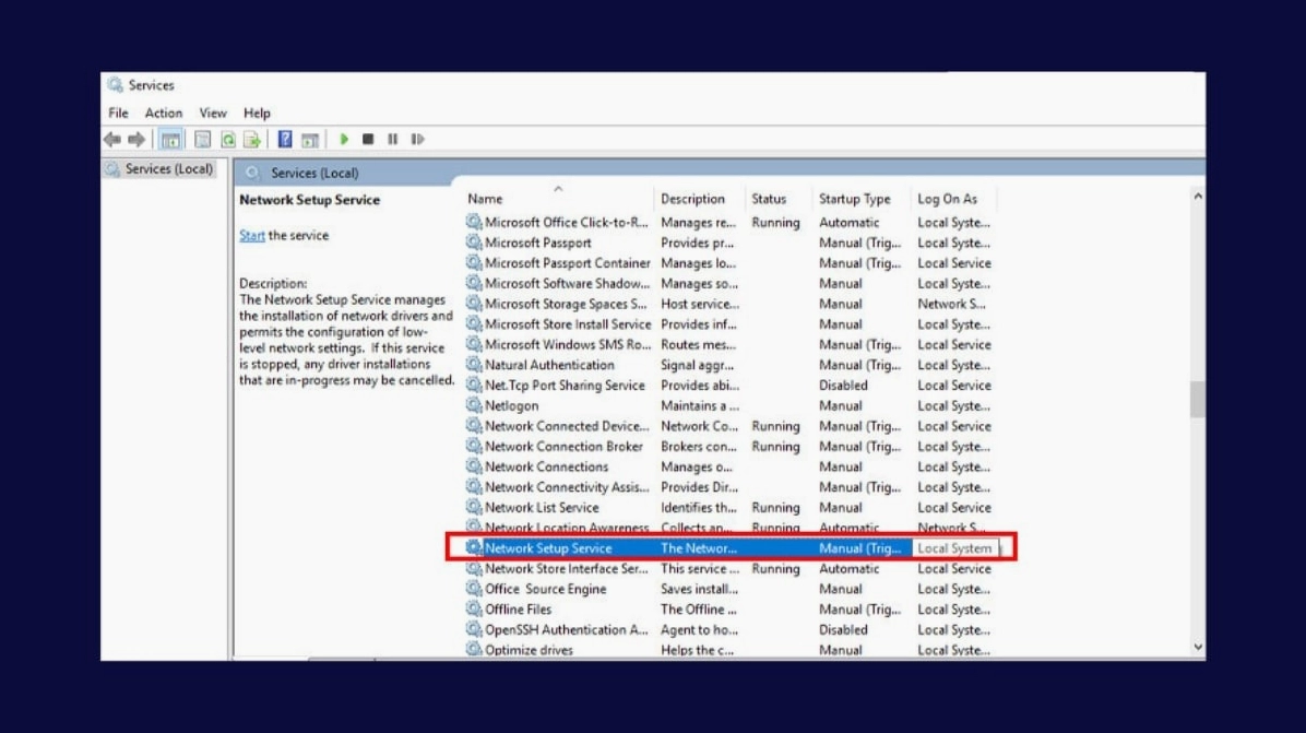 Hướng dẫn tìm và mở dịch vụ Network Setup Service trong danh sách