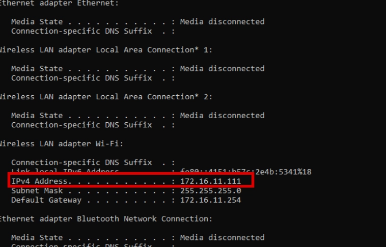 Kết quả hiển thị sau khi chạy lệnh ipconfig