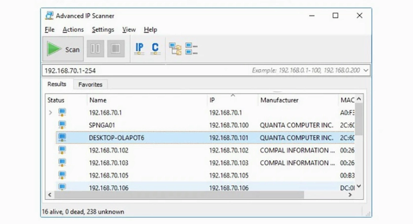 Kết quả quét mạng LAN hiển thị danh sách thiết bị và IP