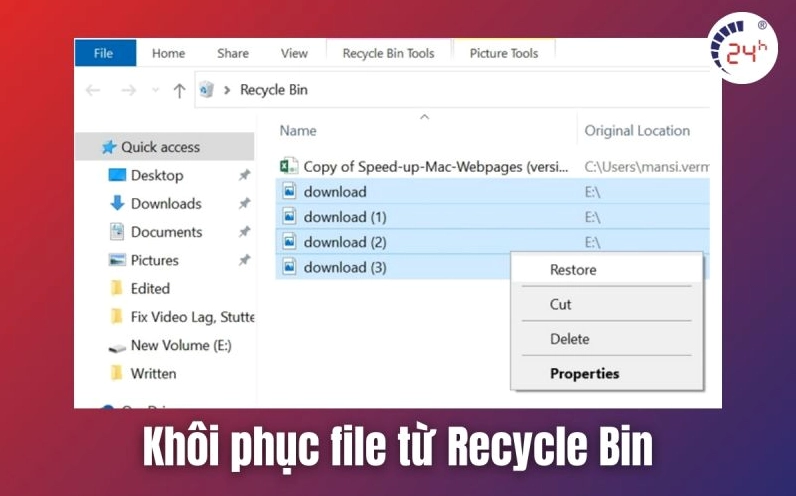 Hướng dẫn chi tiết cách lấy lại dữ liệu đã xóa trên laptop cực kỳ hiệu quả 3 Khôi phục file từ Recycle Bin về vị trí ban đầu