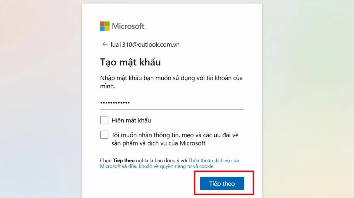 Khung nhập mật khẩu cho tài khoản mới