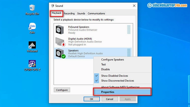 Kích chuột phải tại thiết bị loa mặc định có dấu tích xanh