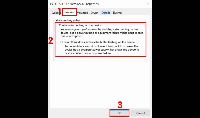 Hướng dẫn chi tiết cách làm cho laptop chạy mượt hơn trên hệ điều hành Windows 7 23 Kích hoạt Write caching để làm nhẹ máy tính Win 7, 10, 11