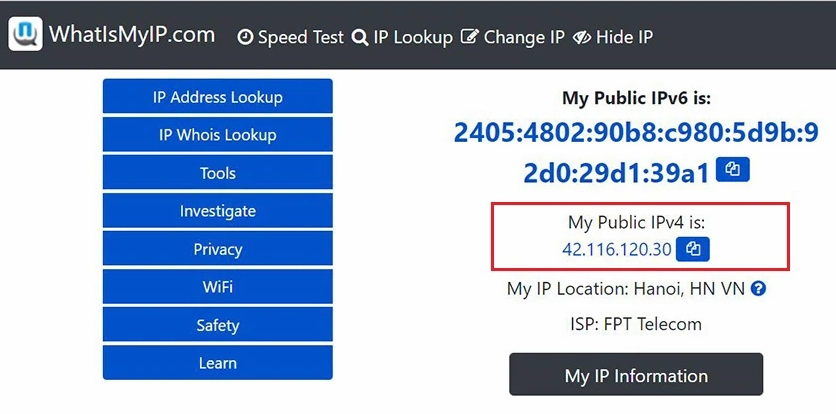Kiểm tra IP Public qua website WhatIsMyIP.com