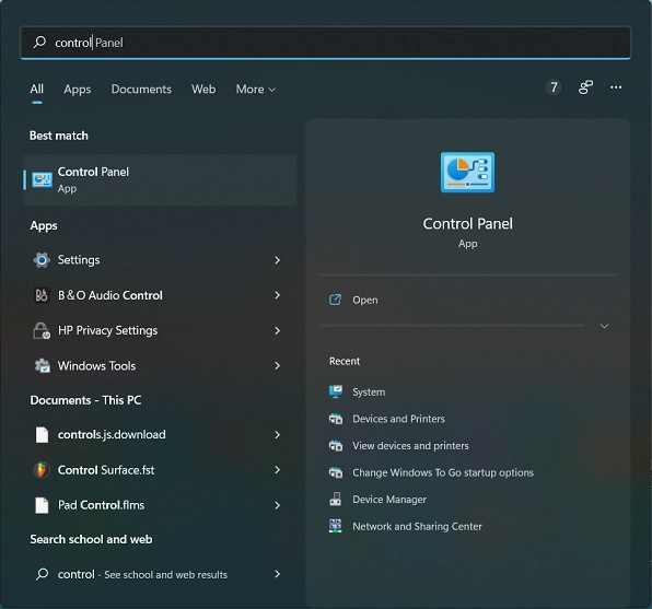 Kiểm tra thông qua Control Panel