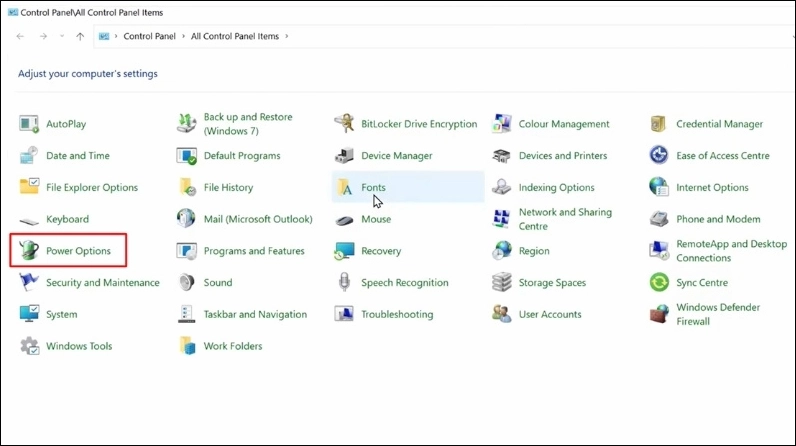 Lựa chọn biểu tượng Power Options trong danh sách các công cụ