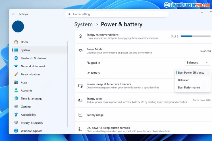Lựa chọn chế độ Best Power Efficiency để tối ưu hóa hiệu suất điện năng