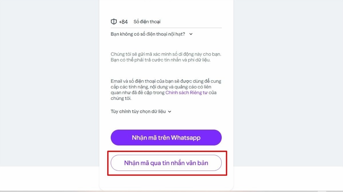 Lựa chọn phương thức gửi mã xác minh qua tin nhắn hoặc cuộc gọi