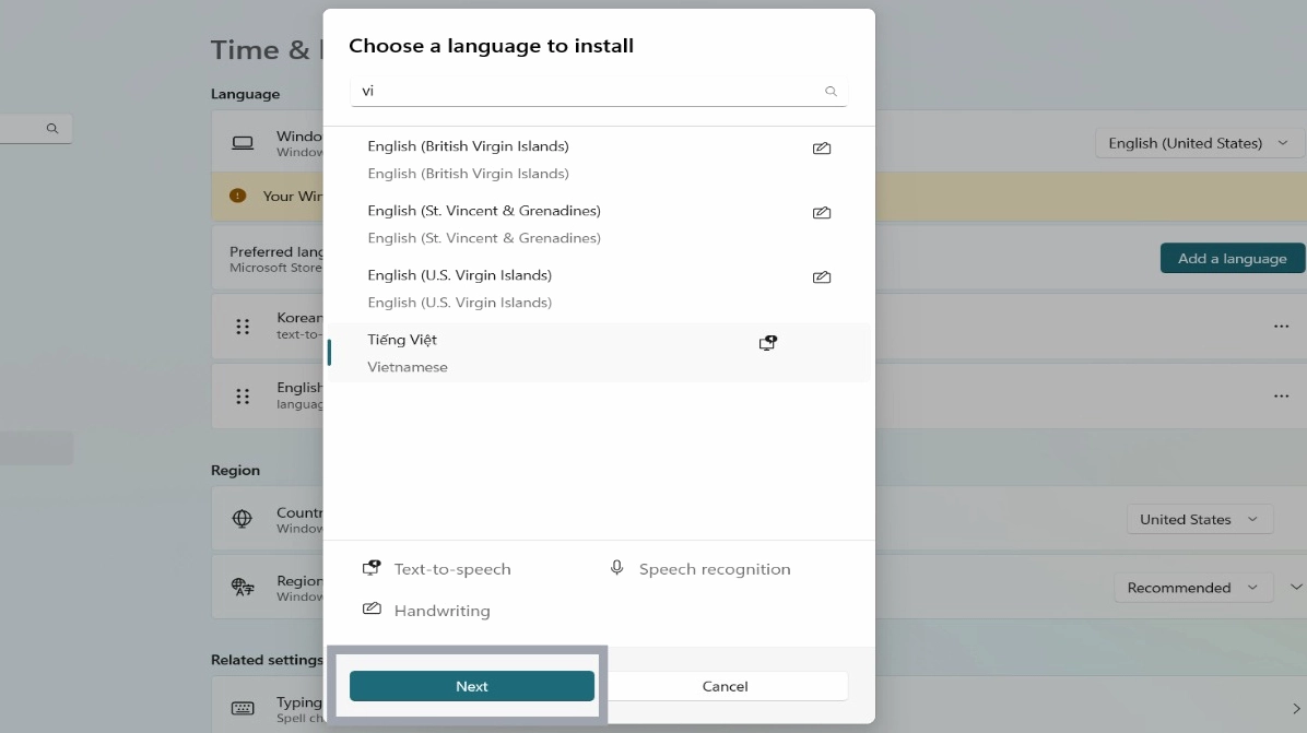 Hướng dẫn chi tiết cách đổi ngôn ngữ trên laptop Windows nhanh chóng 22 Lúc này màn hình sẽ hiện ra cửa sổ với nhiều ngôn ngữ khác nhau, việc của bạn là gõ vào thanh tìm kiếm
