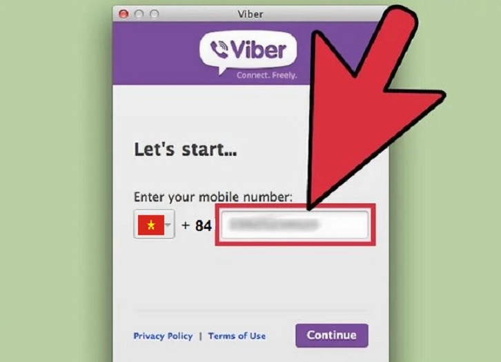 Màn hình đăng nhập tài khoản Viber yêu cầu nhập mã vùng quốc gia và số điện thoại