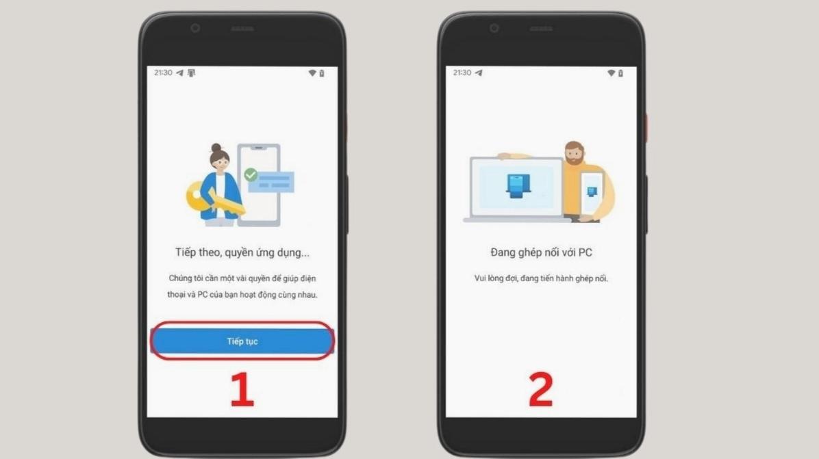 Màn hình điện thoại hiển thị nút Tiếp tục để hoàn thành các bước thiết lập